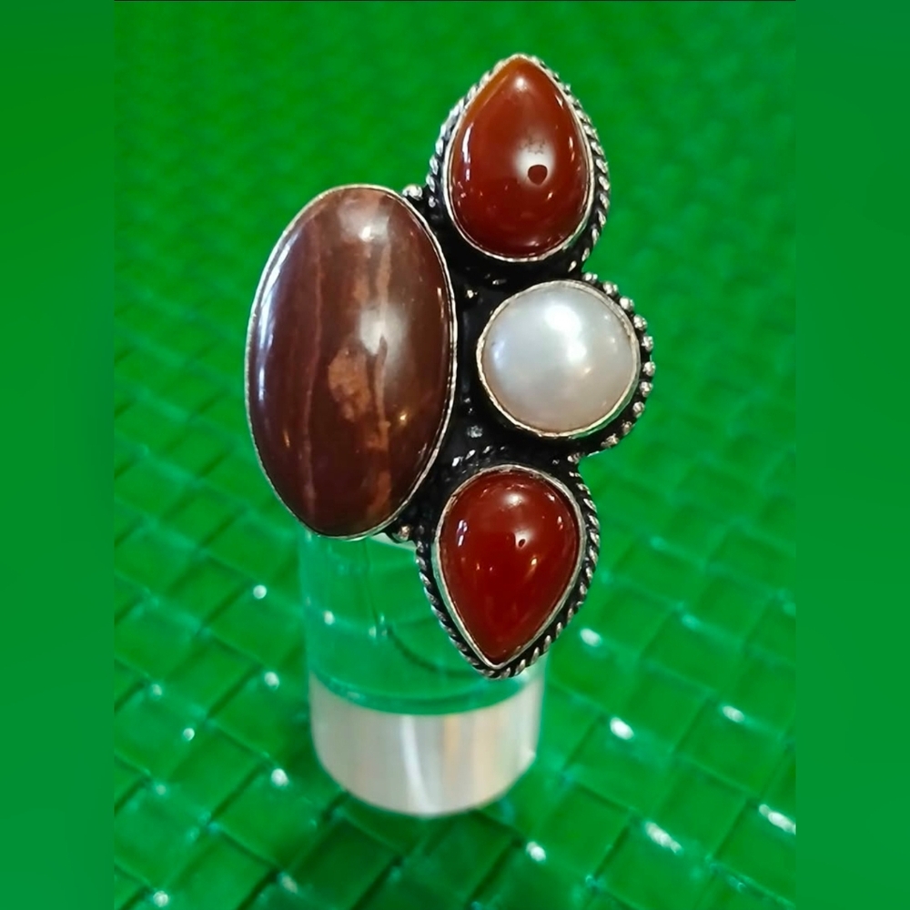 925 Signed Multi Stone Statement Ring Size 8 Red … - image 5